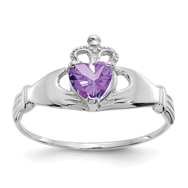 14K White Gold Claddagh Heart Ring with CZ - February Gemstone