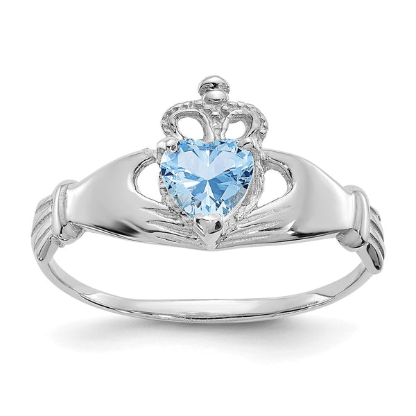 14K White Gold Claddagh Heart Ring, CZ March Birthstone