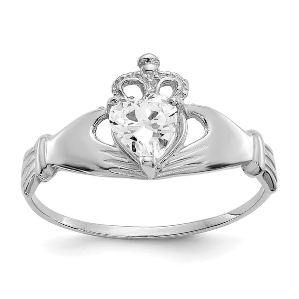 14K White Gold Claddagh Heart Ring - CZ April Birthstone