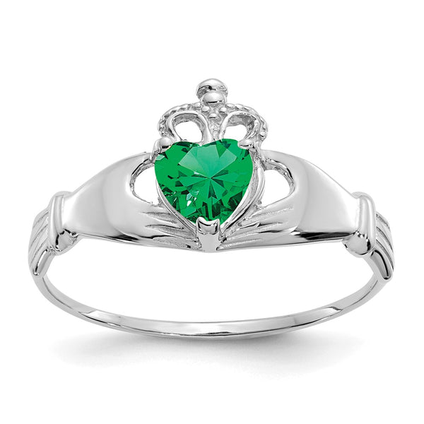14K White Gold Claddagh Heart Ring with CZ May Birthstone