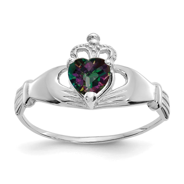 14K White Gold Claddagh Heart Ring, CZ June Birthstone