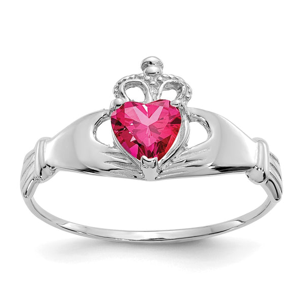 14K White Gold Claddagh Heart Ring with CZ July Birthstone