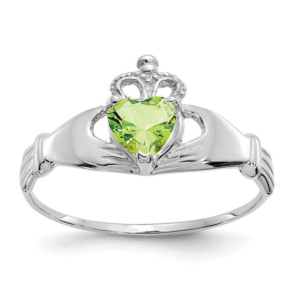14K White Gold Claddagh Heart Ring - CZ August Birthstone