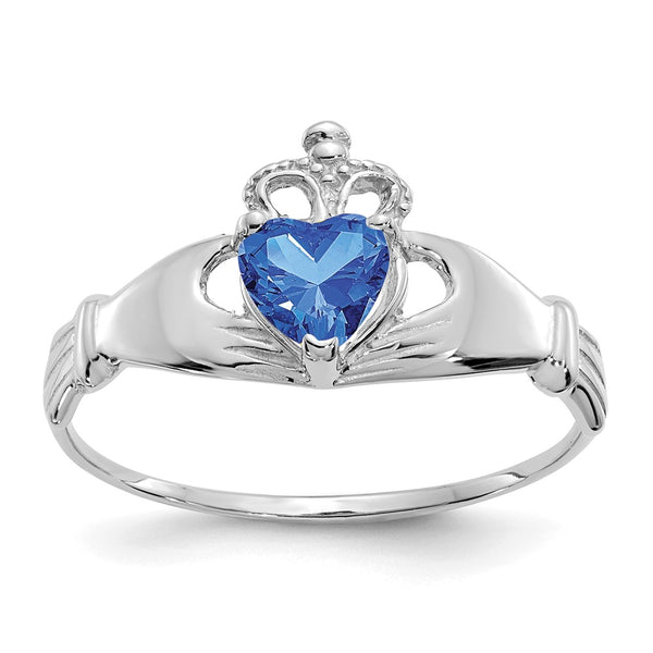 14K White Gold Claddagh Heart Ring with CZ & September Gemstone