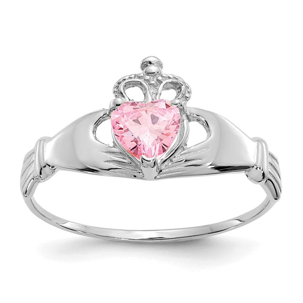 14K White Gold Claddagh Heart Ring with CZ - October Birthstone