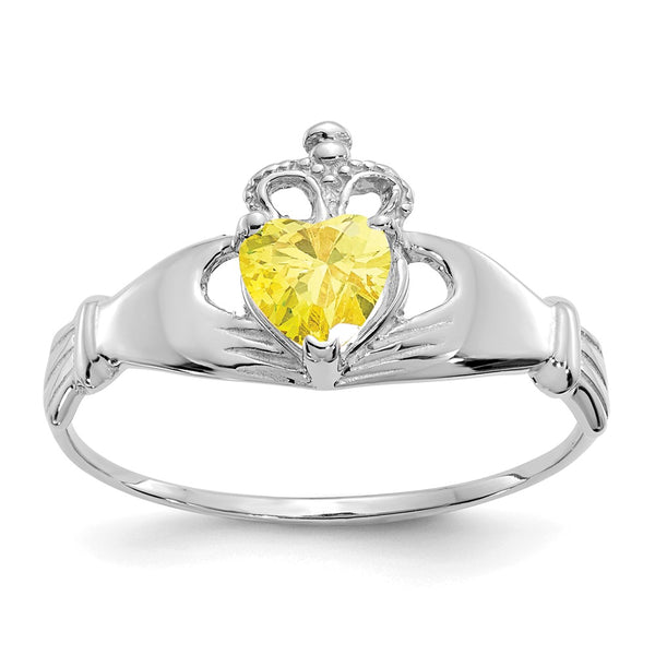 14K White Gold Claddagh Heart Ring with CZ, November Birthstone