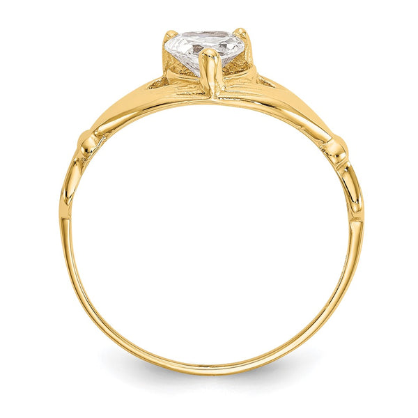 14K Gold Claddagh Heart Ring with April CZ