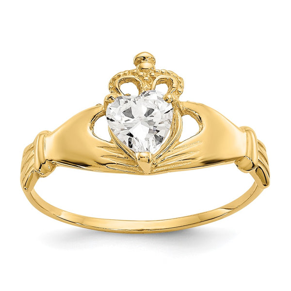 14K Gold Claddagh Heart Ring with April CZ