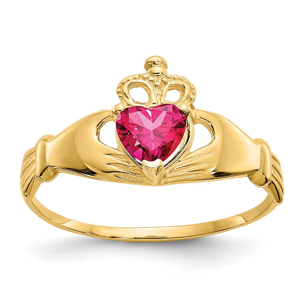 14K Gold Claddagh Heart Ring - July Birthstone CZ