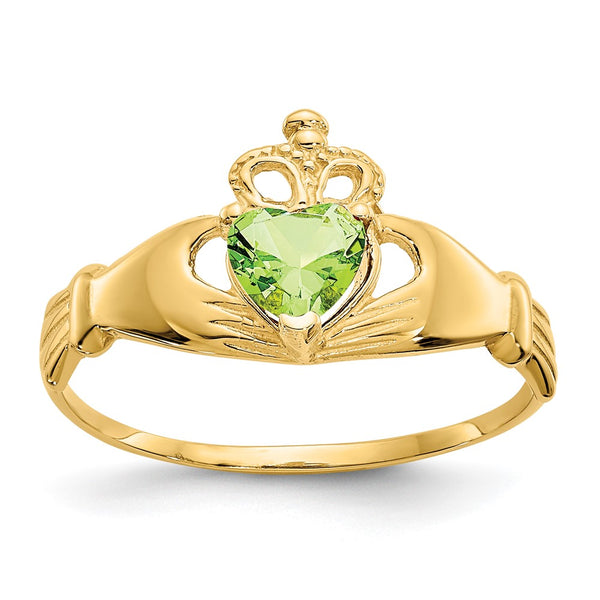 14K Gold Claddagh Heart Ring with August CZ