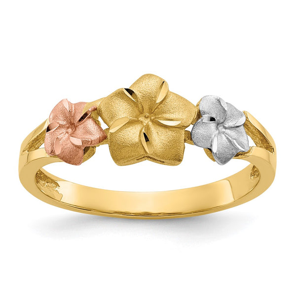 14K Tri-Color Gold Plumeria Flower Ring