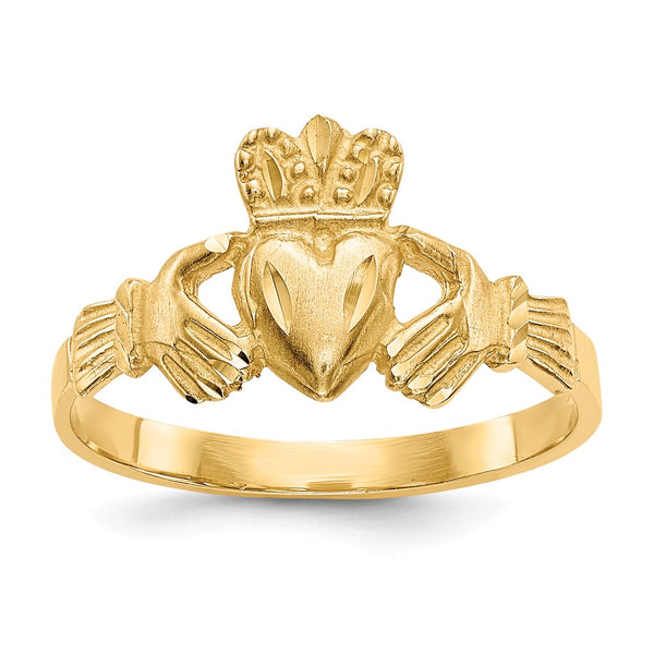 14K Gold Satin Finish Diamond-Cut Claddagh Ring