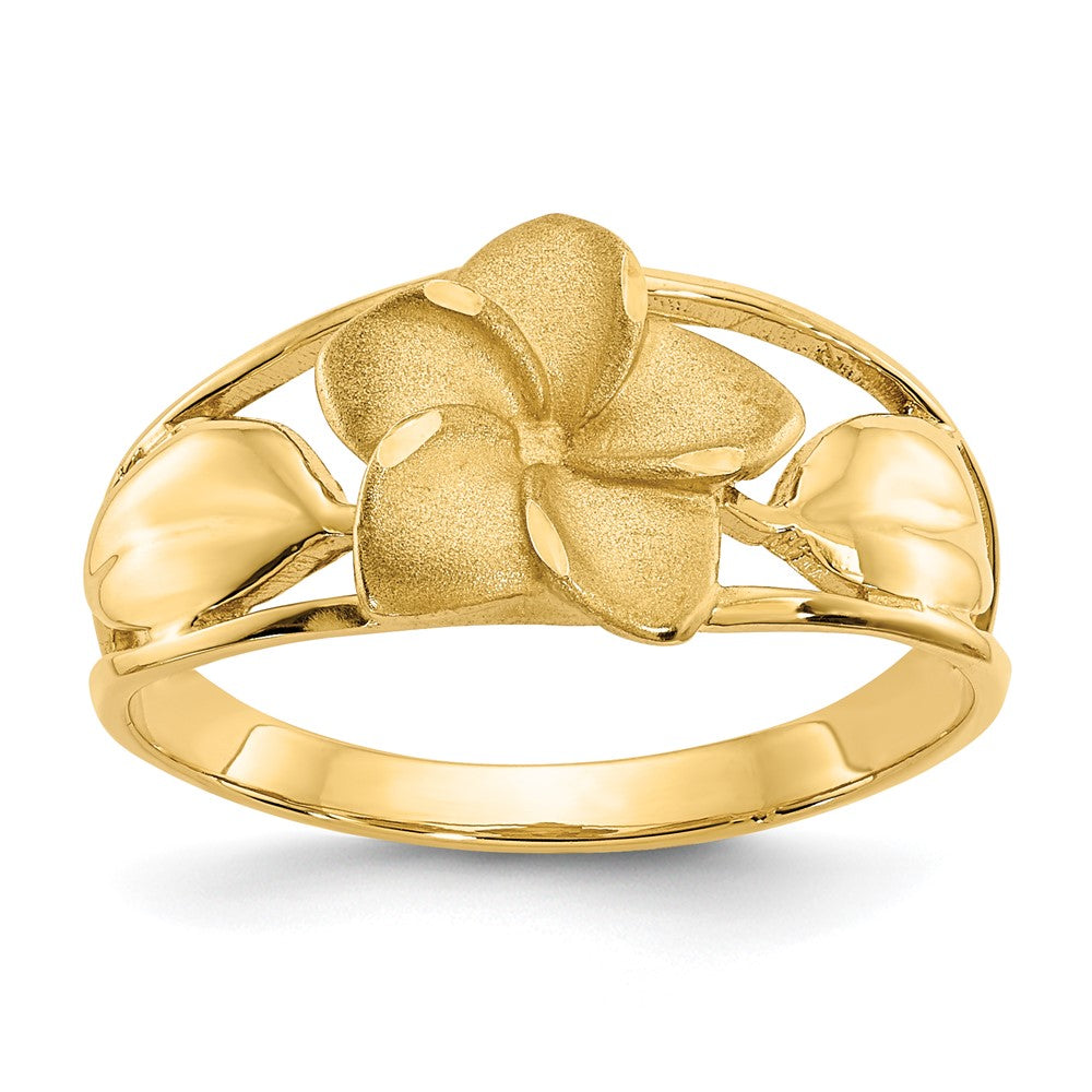 Shop 14K Gold Satin Finish Plumeria Ring with Diamond-Cut Accents, Stylish!