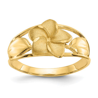 Shop 14K Gold Satin Finish Plumeria Ring with Diamond-Cut Accents, Stylish!