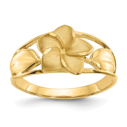 Shop 14K Gold Satin Finish Plumeria Ring with Diamond-Cut Accents, Stylish!