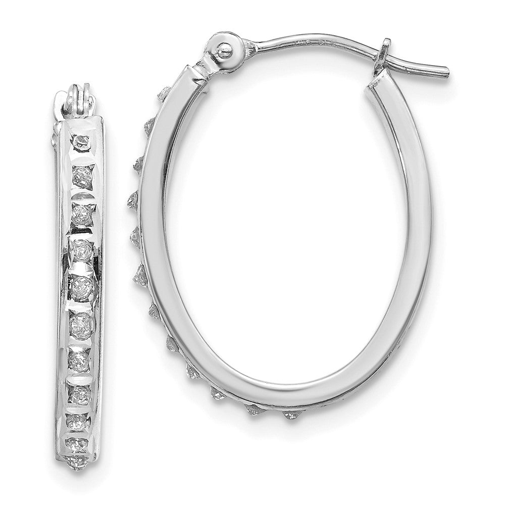14K white gold 19mm oval hinged hoop earrings with diamond accents