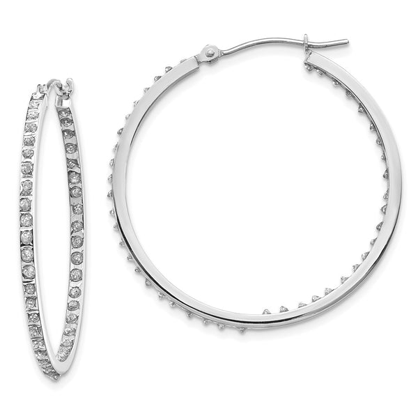 14K White Gold Diamond-Studded Round Hinged Hoop Earrings
