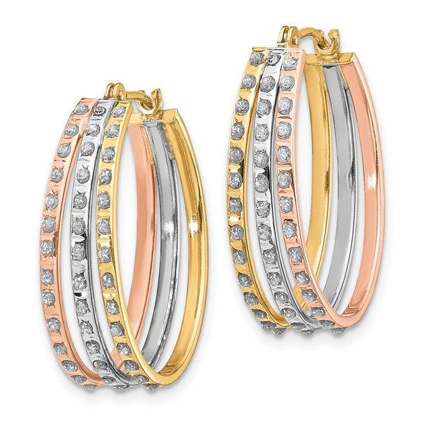 14K Tri-Color Gold Diamond Oval Hoop Earrings