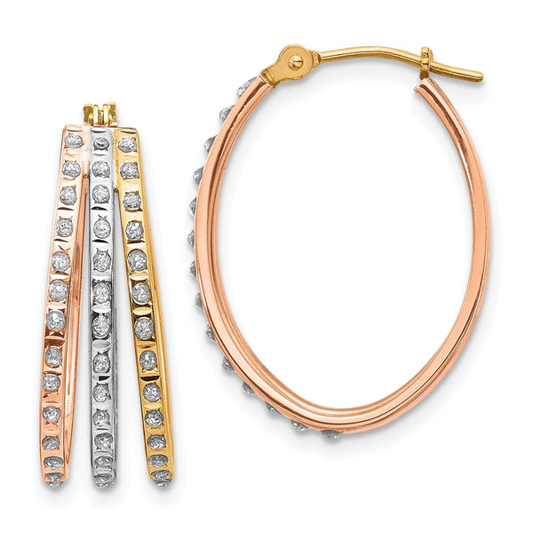 14K Tri-Color Gold Diamond Oval Hoop Earrings