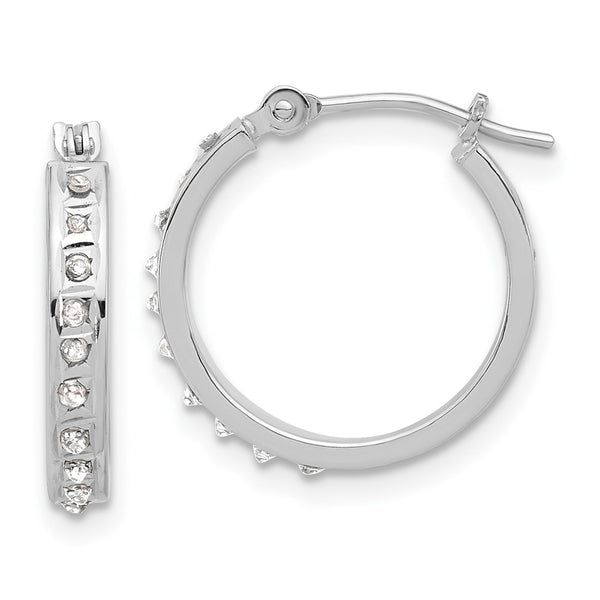 14K White Gold Polished Hoop Earrings with Diamond Accents, 1.5"