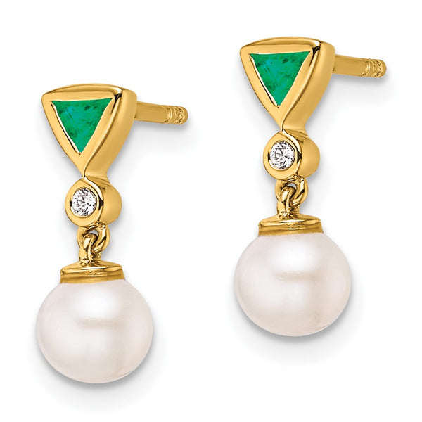 14K Gold Dangle Earrings with Diamonds & Emerald Pearls