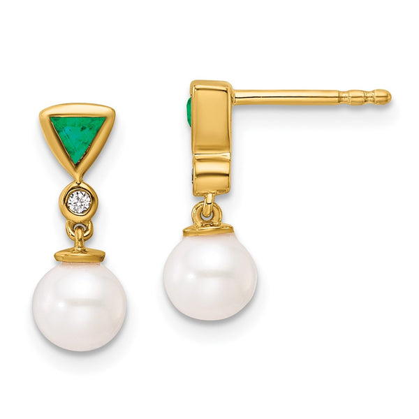 14K Gold Dangle Earrings with Diamonds & Emerald Pearls