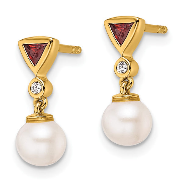 14K Gold Polished Dangle Earrings with Diamonds & Ruby Pearls
