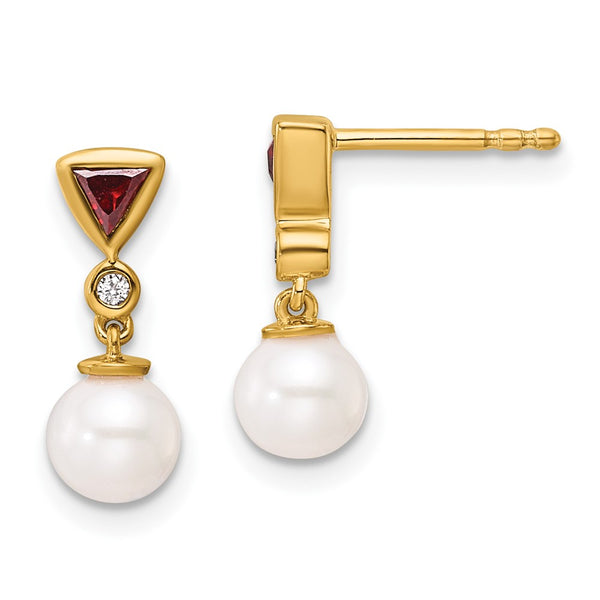 14K Gold Polished Dangle Earrings with Diamonds & Ruby Pearls