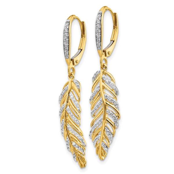 14K Gold Diamond Feather Design Leverback Earrings