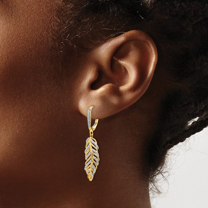 Exclusive 14K Gold Diamond Feather Design Leverback Earrings - Stylish Value-3