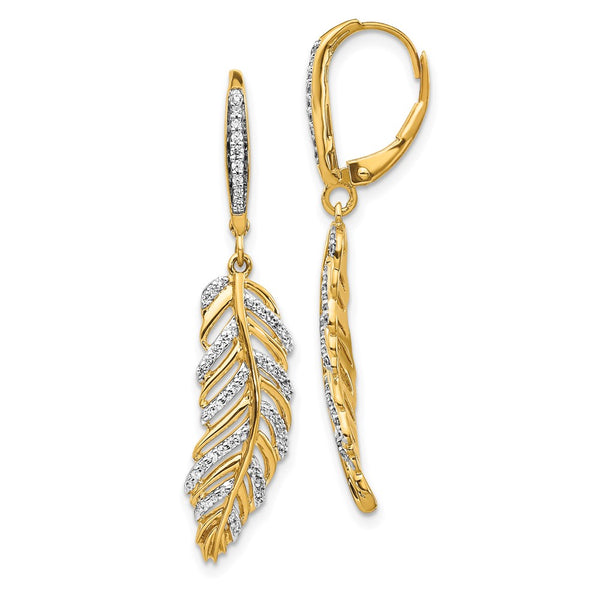 14K Gold Diamond Feather Design Leverback Earrings