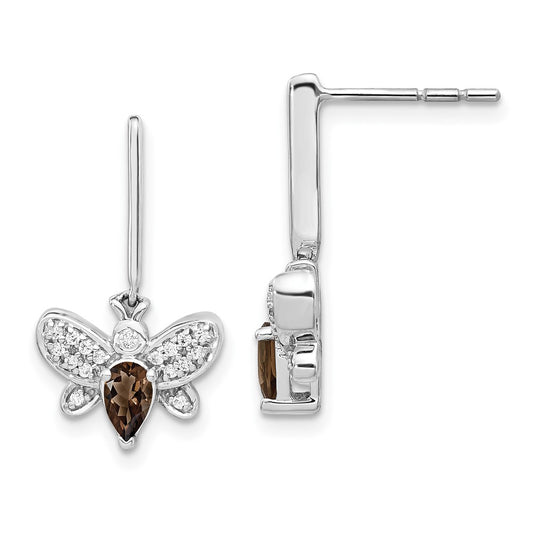 High-Quality 14K White Gold Bee Earrings with Diamonds & Smoky Quartz - Stylish Value