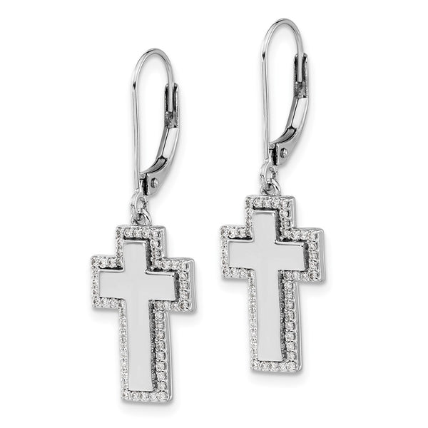 14K White Gold Diamond-Studded Cross Leverback Earrings