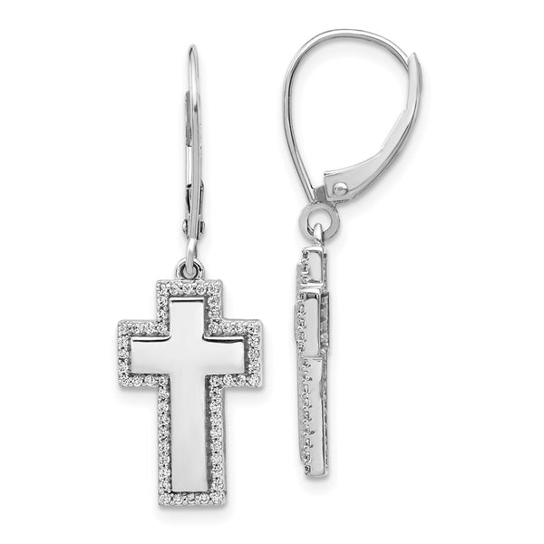 14K White Gold Diamond-Studded Cross Leverback Earrings
