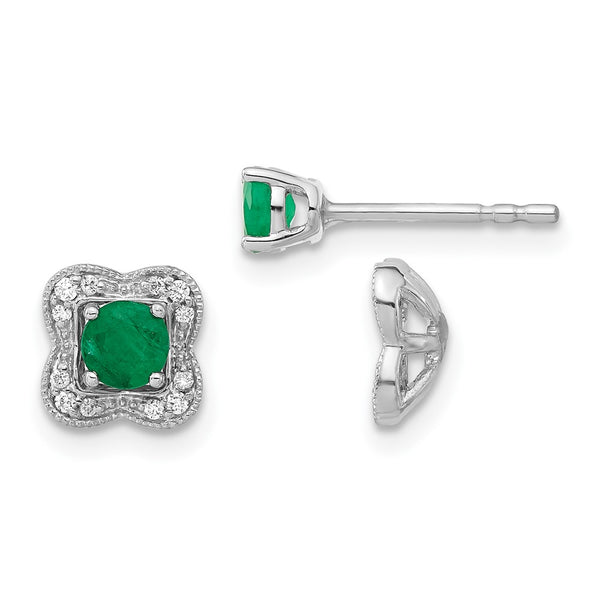 14K White Gold Diamond & Emerald Stud Earrings, 0.85mm Jacket