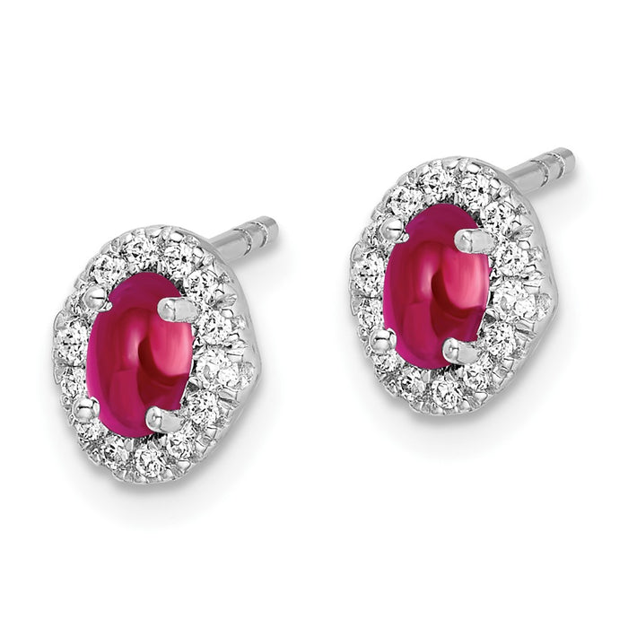 High-Quality 14K White Gold Oval Ruby Halo Earrings with 1/6 Carat Diamonds-2
