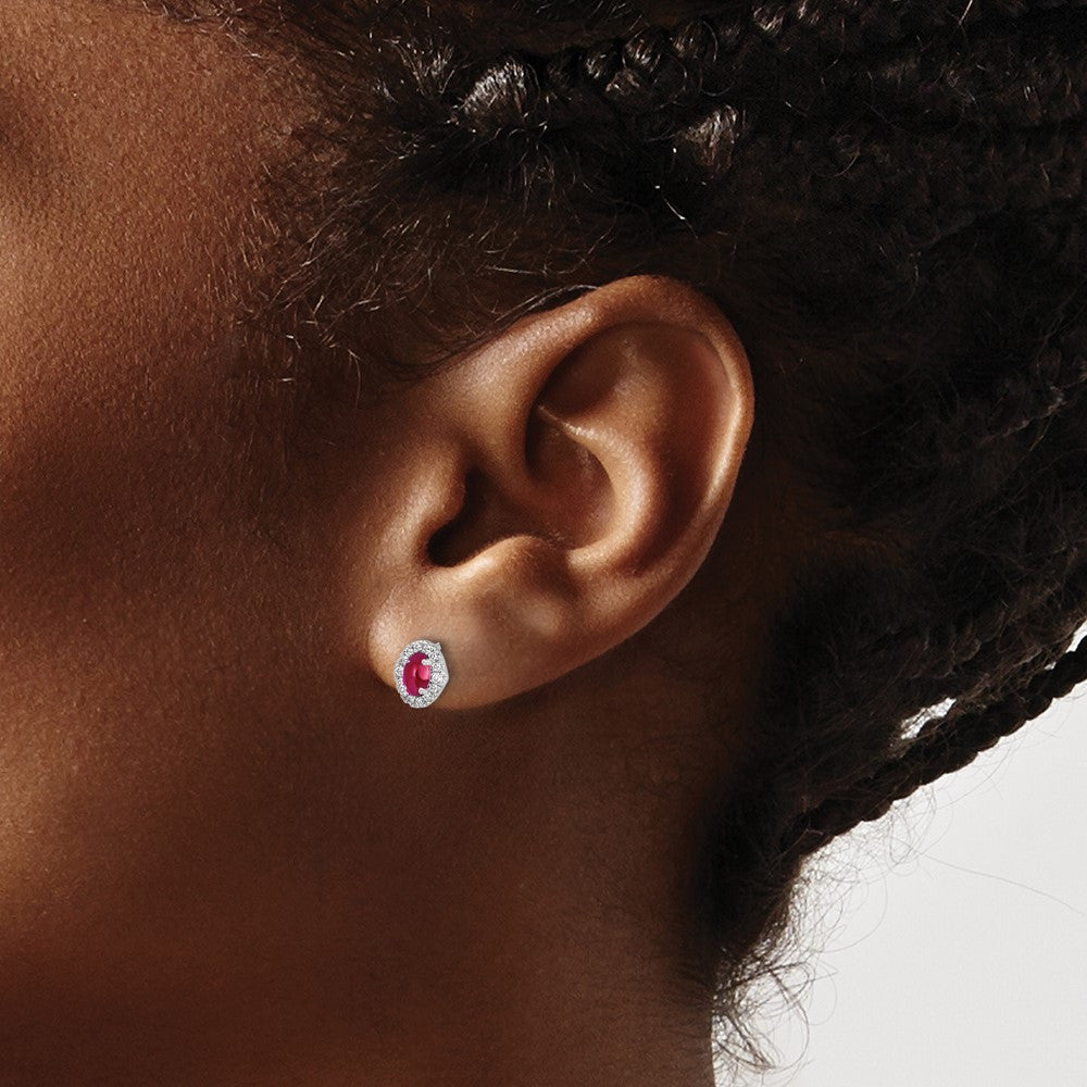 High-Quality 14K White Gold Oval Ruby Halo Earrings with 1/6 Carat Diamonds