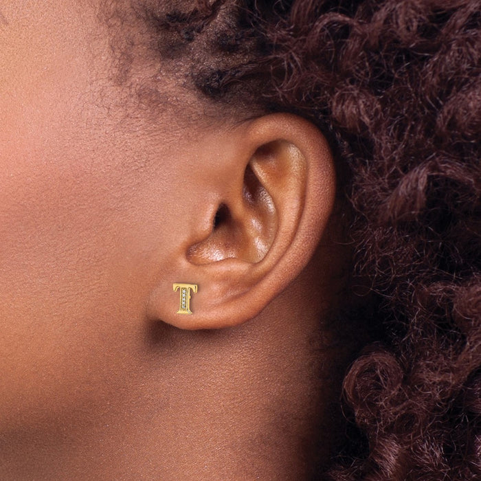 High-Quality 14K Gold Diamond Initial "T" Earrings - Stylish Luxury Value!-3