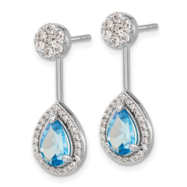 14K White Gold Front/Back Earrings with Blue Topaz & Diamonds