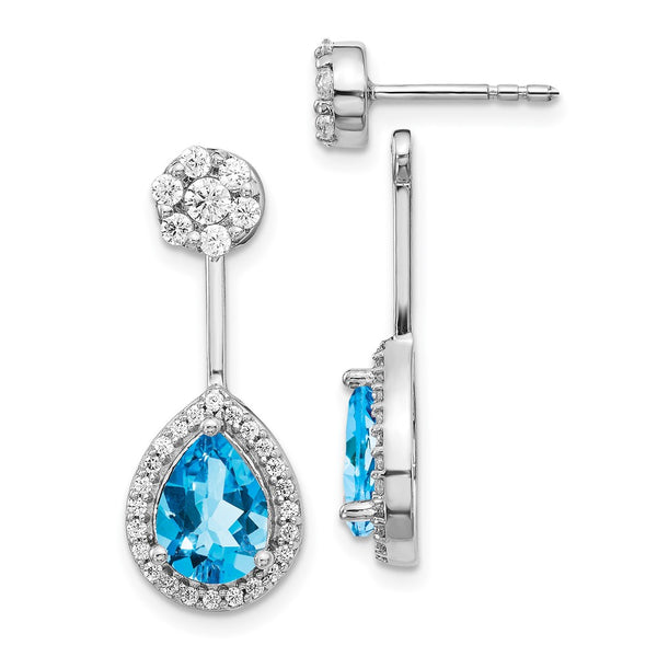 14K White Gold Front/Back Earrings with Blue Topaz & Diamonds