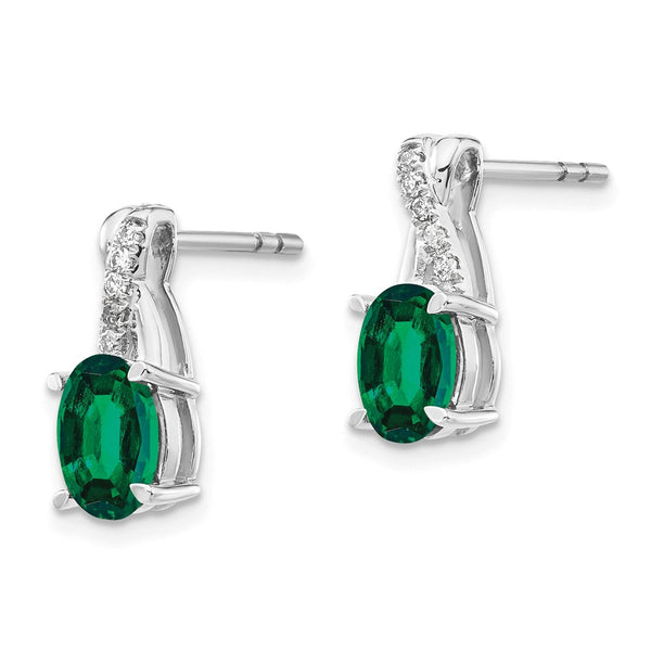14K White Gold Emerald & Diamond Earrings - Lab-Created Gems