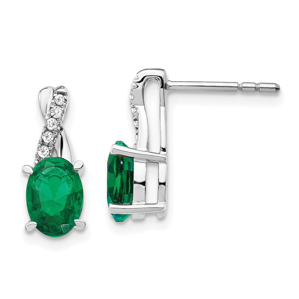 14K White Gold Emerald & Diamond Earrings - Lab-Created Gems