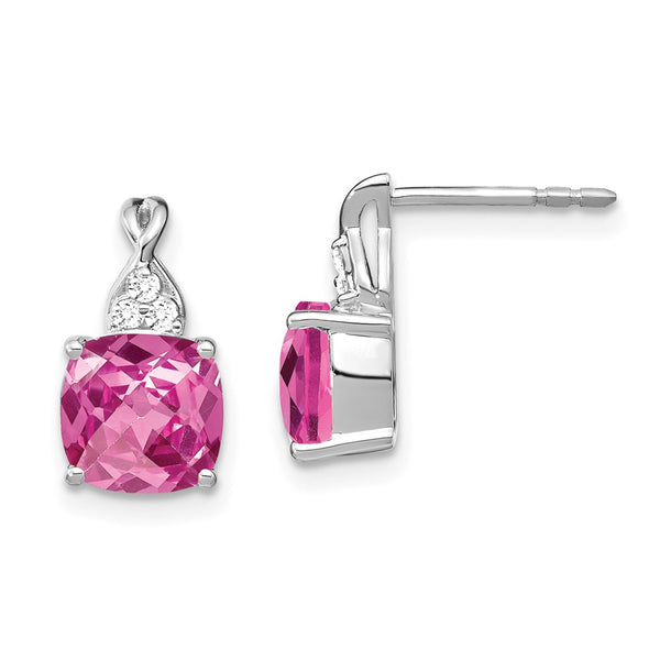 14K White Gold Checkerboard Pink Sapphire & Diamond Earrings