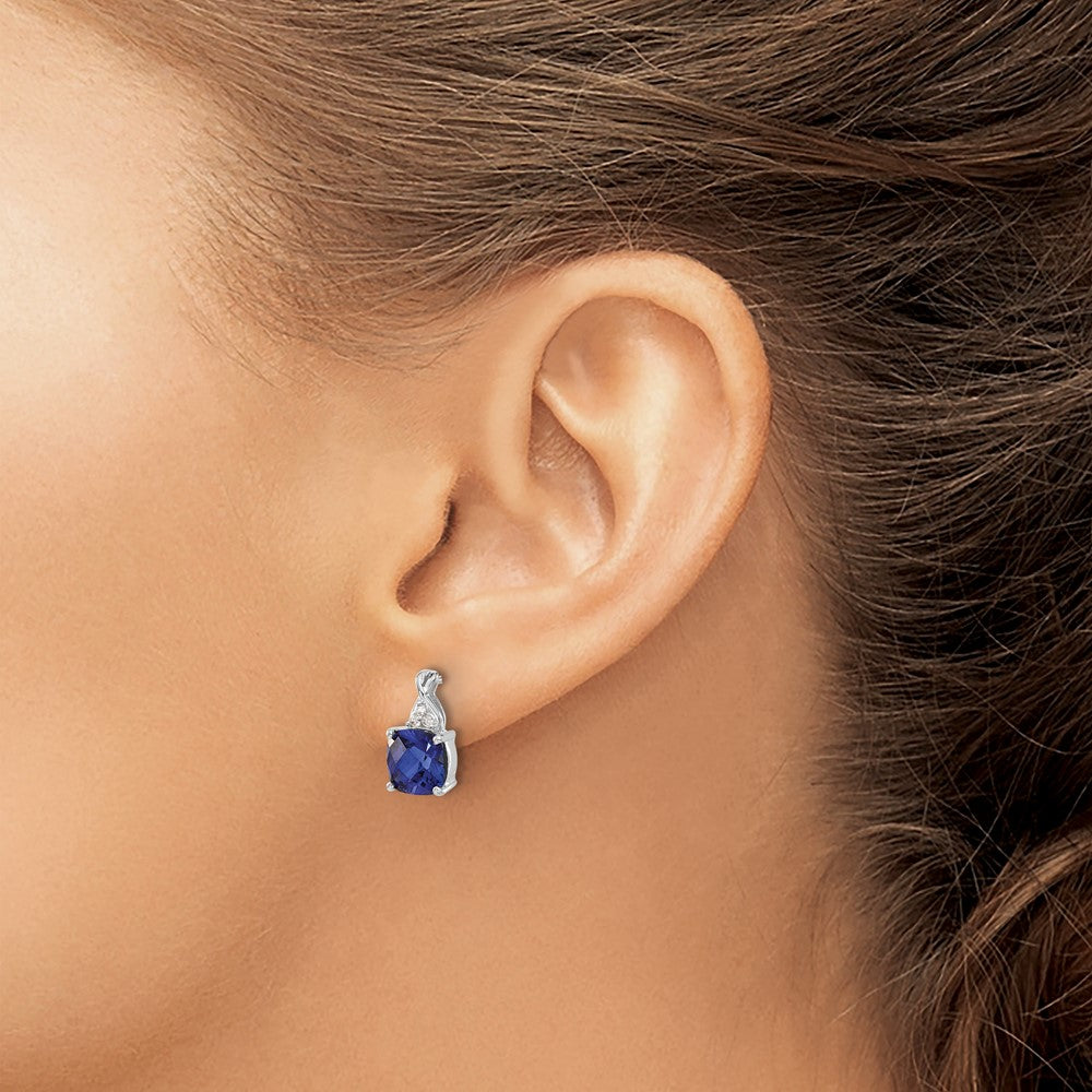 Exclusive 14K White Gold Checkerboard Design Earrings with Sapphire & Diamonds