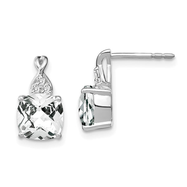14K White Gold Earrings with Checkerboard White Topaz & Diamonds