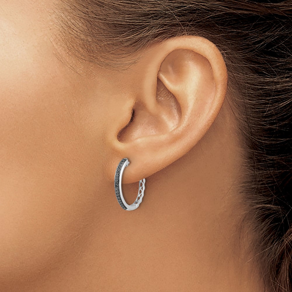 Exclusive 14K White Gold 2mm Hinged Hoop Earrings with Black Diamonds - Stylish Luxury