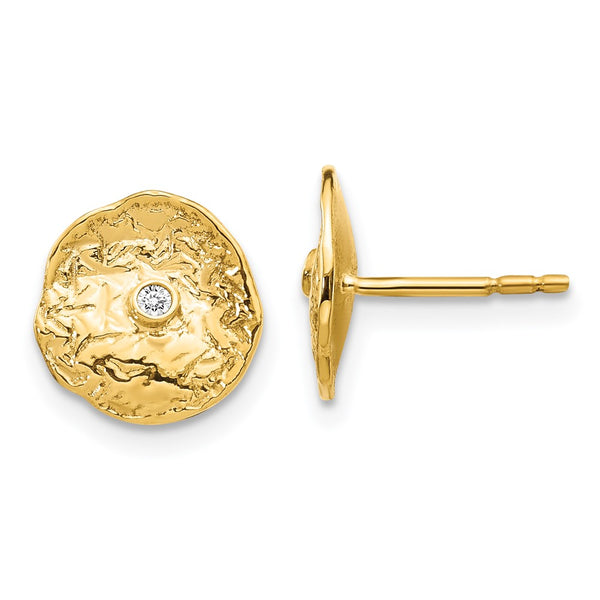 14K Gold Textured Circle Diamond Stud Earrings