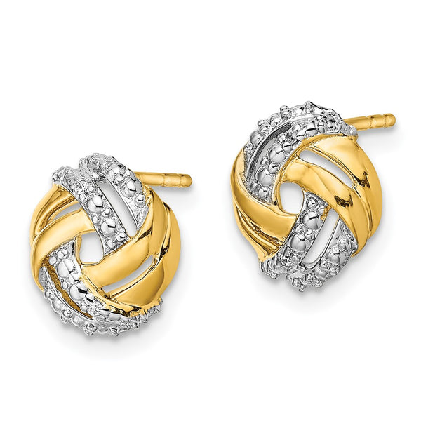 14K Gold Diamond Round Post Earrings - Rhodium Accents