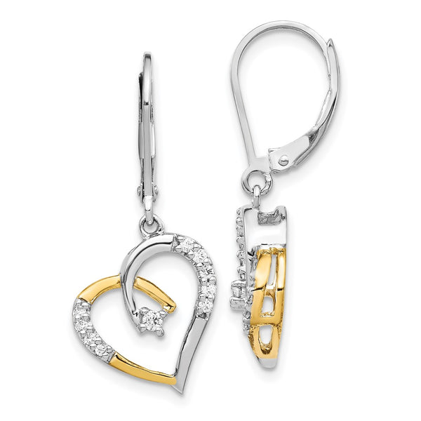 14K Two-Tone Gold Diamond Heart Leverback Earrings