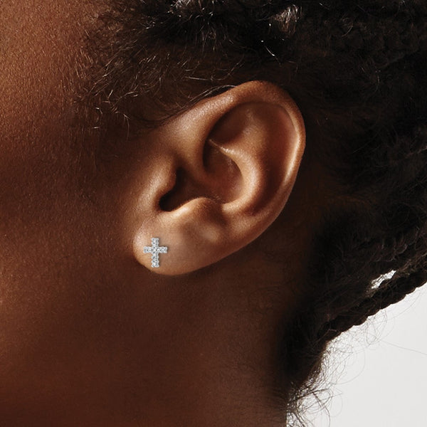 10K White Gold Diamond Cross Stud Earrings
